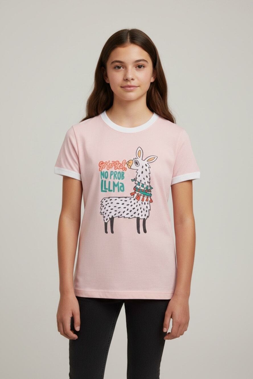 Lazy One Kids Size 10 Got Your Back No Prob Llama Pink Ringer T-Shirt Cotton